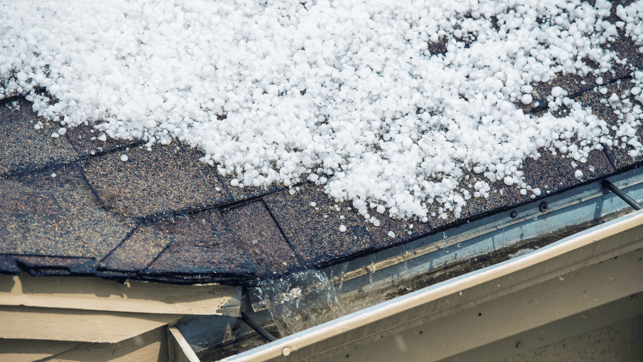 Hail covering asphalt shingles during a storm, causing potential roof damage in Asheville.
