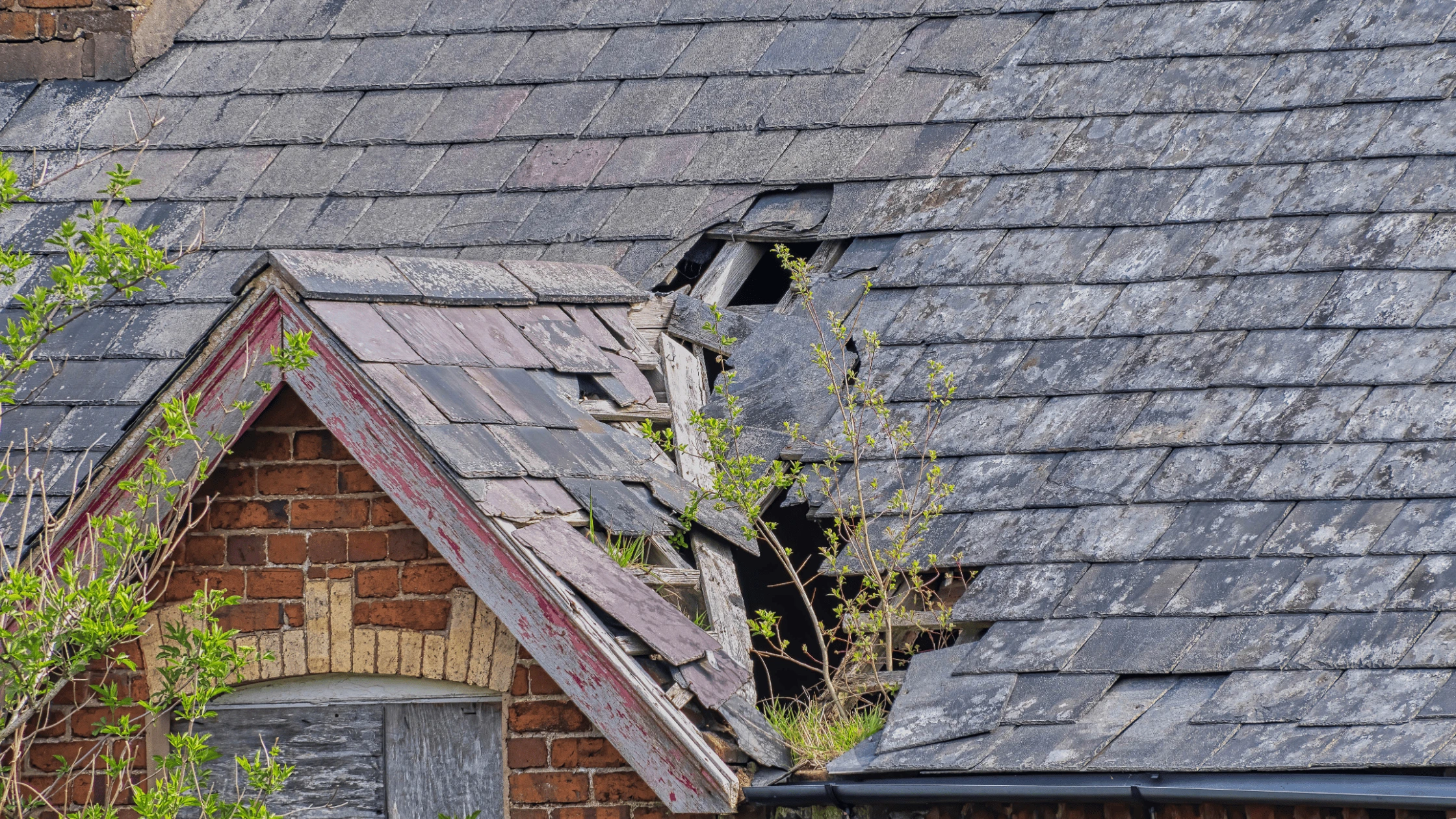 Collapsed and storm-damaged roof with missing shingles on an old brick home in Asheville, NC, showing urgent need for roof repair.