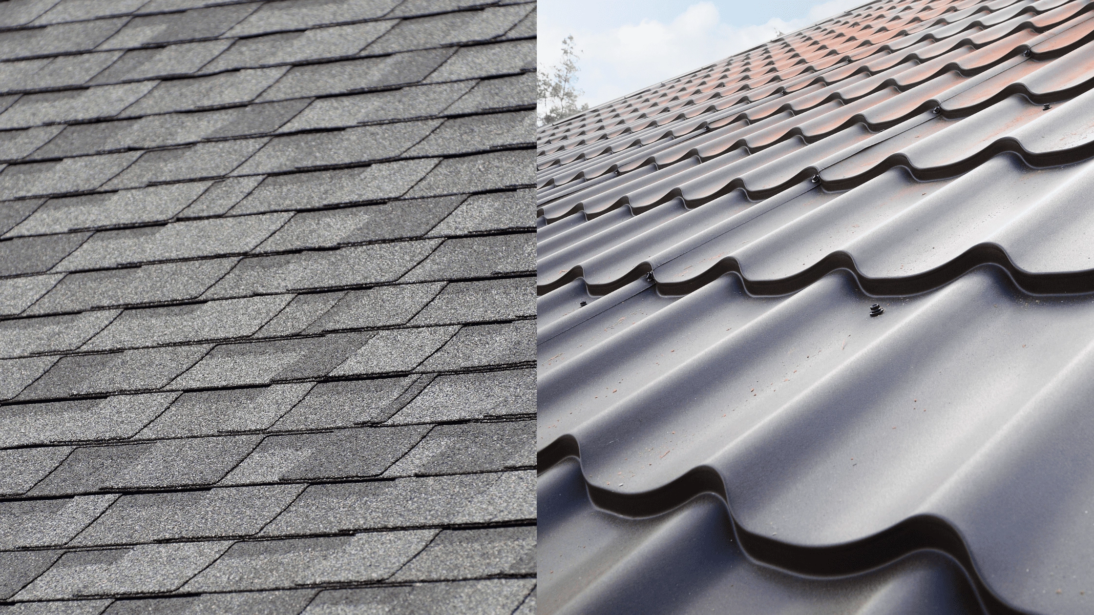 Side-by-side comparison of asphalt shingles and metal roofing panels on residential roofs