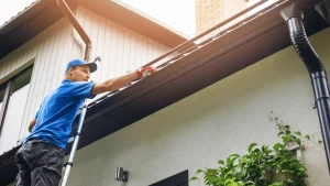Technician cleaning and inspecting home gutters and eaves to maintain proper drainage and extend roof longevity.