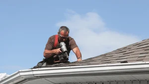 Experienced roofer using a nail gun to install shingles on a residential roof, highlighting cost to reroof a house considerations.